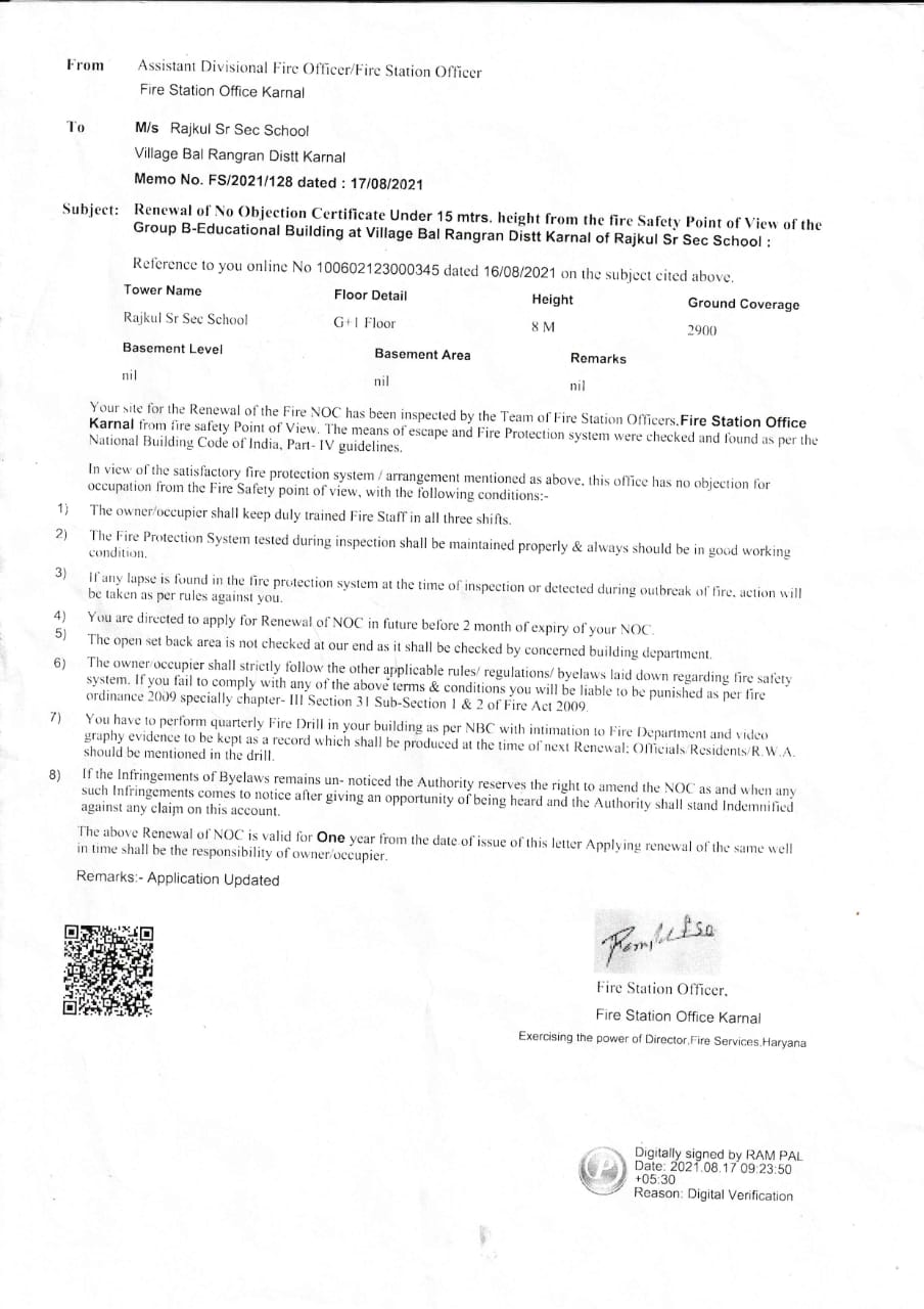 Fire Safety Certificate RAJKUL SR. SEC SCHOOL